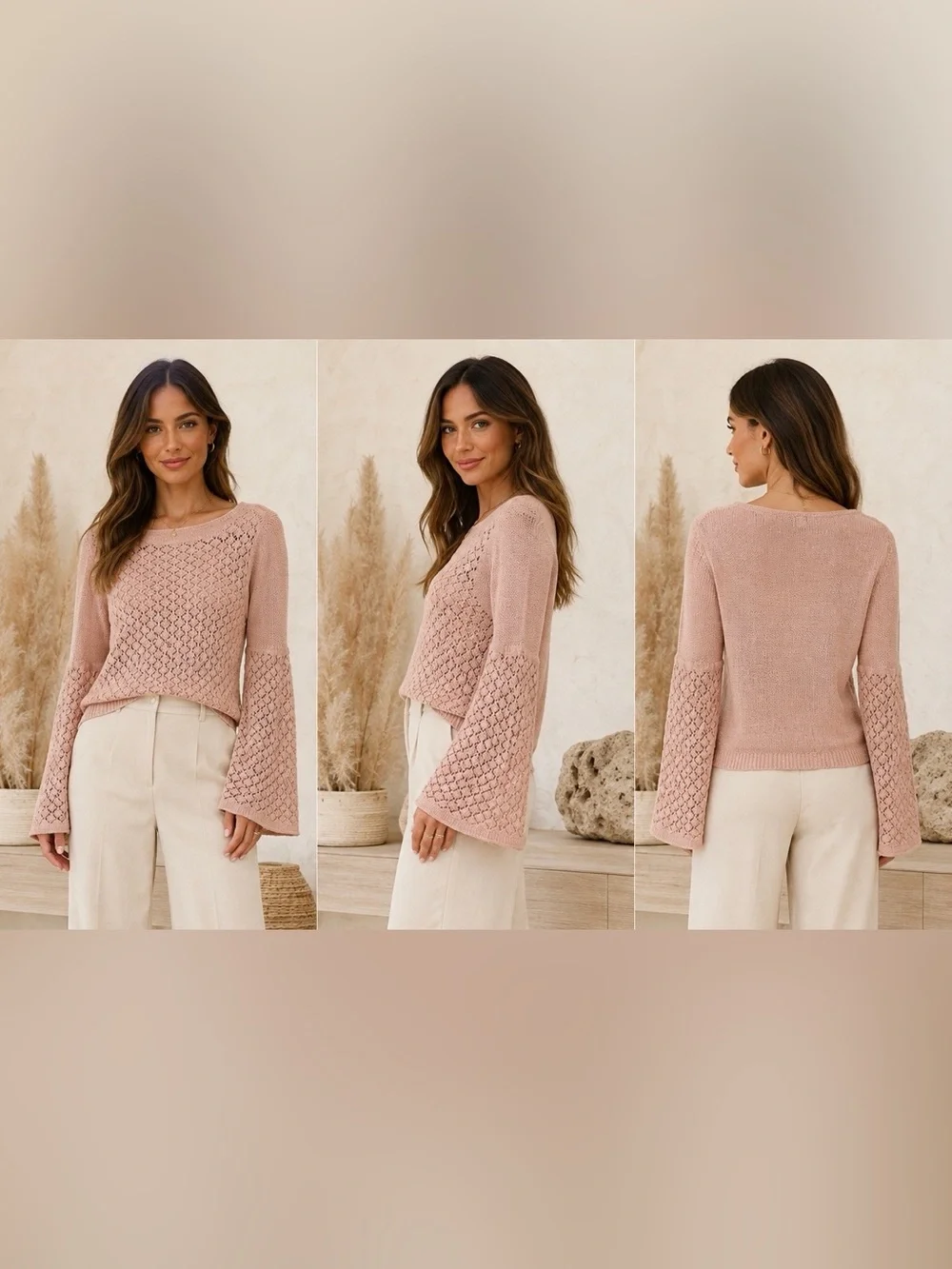 Sundance Pink Linen Blend Open-Knit Bell Sleeve Sweater Top, Size Medium